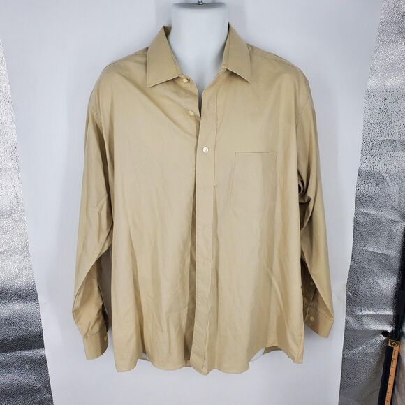 David Taylor Shirt Mens 17.5 34/35 Tan Dress Button Front Single Needle Pocket - Picture 2 of 9